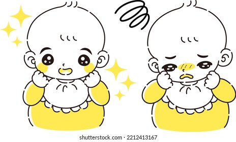 A baby illustration set with an excited expression and a troubled expression