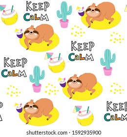 Baby illustration with summer sloth on an inflatable yellow circle, cactus and lettering keep calm seamless pattern on a white background