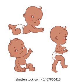 Baby illustrations set. Newborn care and development.  Toddler. Little black skin baby sit, walk, lay on stomach.. First year of child. African american  boy or girl in diaper. Vector illustration