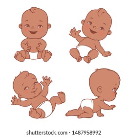 Baby illustrations set. Newborn and toddler care and development. Little black skin baby sit, crawl First year of child. African american  boy or girl in diaper. Vector illustration