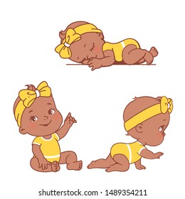 Baby illustrations set. Newborn and toddler care and development. Little black skin baby girl sit, craw, sleep First year of child. African american girl  in diaper and bodysuit. Vector illustration