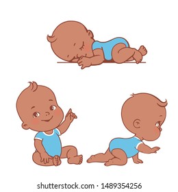 Baby illustrations set. Newborn and toddler care and development. Little black skin baby boyl sit, craw, sleep First year of child. African american  boy in diaper and bodysuit. Vector illustration