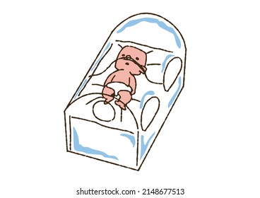 Baby In Incubator Comical Handwritten Person Vector, Line Drawing And Color