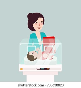 Baby In Incubator Together With Her Mom Or Nurse In Hospital Newborn Premature Infant