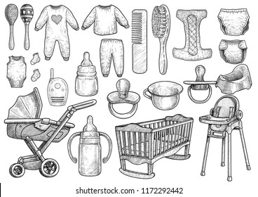 Baby, infant accessories illustration, drawing, engraving, ink, line art, vector