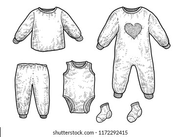 Baby, infant clothes illustration, drawing, engraving, ink, line art, vector