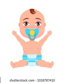 Baby infant in diaper and pacifier in mouth stretches hands up sitting on floor vector illustration with little child isolated on white background