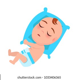 Baby infant in diaper sleeping on blue pillow, little person resting on couch vector illustration with little child isolated on white background