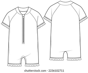 Baby Infant Girls Ruffles Rashguard Bekleidung Fashion Flat Technical Sketch Cad Design