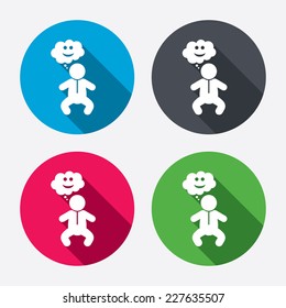 Baby infant happy think sign icon. Toddler boy in pajamas or crawlers body symbol. Circle buttons with long shadow. 4 icons set. Vector