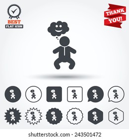 Baby infant happy think sign icon. Toddler boy in pajamas or crawlers body symbol. Circle, star, speech bubble and square buttons. Award medal with check mark. Thank you ribbon. Vector