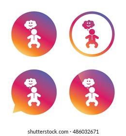 Baby infant happy think sign icon. Toddler boy in pajamas or crawlers body symbol. Gradient buttons with flat icon. Speech bubble sign. Vector