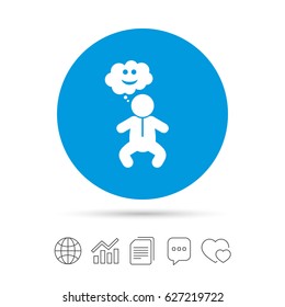 Baby infant happy think sign icon. Toddler boy in pajamas or crawlers body symbol. Copy files, chat speech bubble and chart web icons. Vector