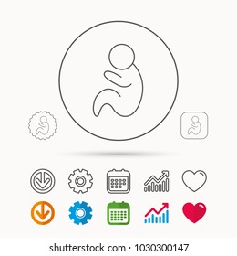Baby infant icon. Pediatrics sign. Newborn child symbol. Calendar, Graph chart and Cogwheel signs. Download and Heart love linear web icons. Vector