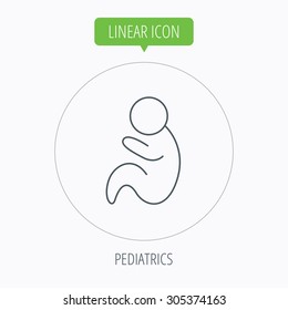 Baby infant icon. Pediatrics sign. Newborn child symbol. Linear outline circle button. Vector