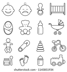 Baby, infant, newborn and birth line icon set