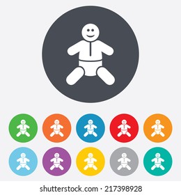 Baby infant sign icon. Toddler boy with diapers symbol. Child WC toilet. Round colourful 11 buttons. Vector