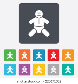 Baby infant sign icon. Toddler boy with diapers symbol. Child WC toilet. Rounded squares 11 buttons. Vector