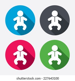 Baby infant sign icon. Toddler boy in pajamas or crawlers body symbol. Child WC toilet. Circle buttons with long shadow. 4 icons set. Vector