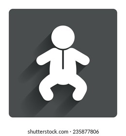 Baby infant sign icon. Toddler boy in pajamas or crawlers body symbol. Child WC toilet. Gray flat square button with shadow. Modern UI website navigation. Vector