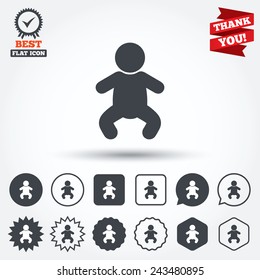 Baby infant sign icon. Toddler boy in pajamas or crawlers body symbol. Child WC toilet. Circle, star, speech bubble and square buttons. Award medal with check mark. Thank you ribbon. Vector