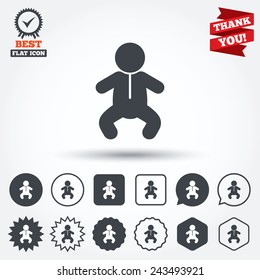 Baby infant sign icon. Toddler boy in pajamas or crawlers body symbol. Child WC toilet. Circle, star, speech bubble and square buttons. Award medal with check mark. Thank you ribbon. Vector