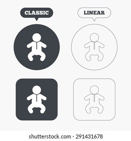 Baby infant sign icon. Toddler boy in pajamas or crawlers body symbol. Child WC toilet. Classic and line web buttons. Circles and squares. Vector