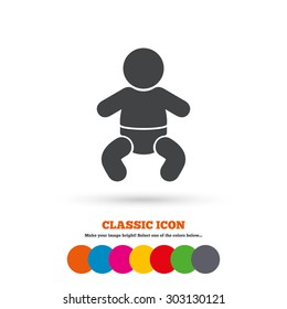 Baby infant sign icon. Toddler boy with diapers symbol. Child WC toilet. Classic flat icon. Colored circles. Vector