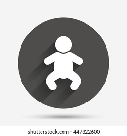 Baby infant sign icon. Toddler boy in pajamas or crawlers body symbol. Child WC toilet. Circle flat button with shadow. Vector