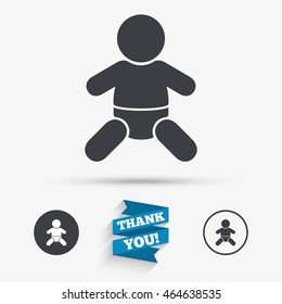 Baby infant sign icon. Toddler boy with diapers symbol. Child WC toilet. Flat icons. Buttons with icons. Thank you ribbon. Vector