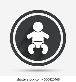 Baby infant sign icon. Toddler boy with diapers symbol. Child WC toilet. Circle flat button with shadow and border. Vector