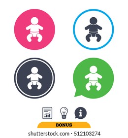 Baby infant sign icon. Toddler boy with diapers symbol. Child WC toilet. Report document, information sign and light bulb icons. Vector