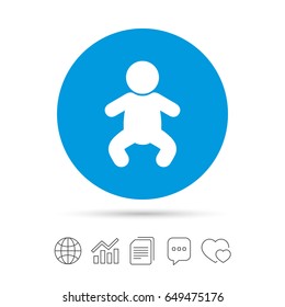 Baby infant sign icon. Toddler boy in pajamas or crawlers body symbol. Child WC toilet. Copy files, chat speech bubble and chart web icons. Vector
