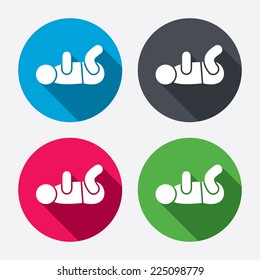 Baby infant swaddling sign icon. Toddler boy with diapers symbol. Child WC toilet. Circle buttons with long shadow. 4 icons set. Vector
