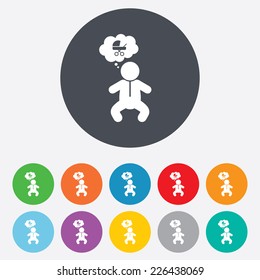Baby infant think about buggy sign icon. Toddler boy in pajamas or crawlers body symbol. Round colourful 11 buttons. Vector