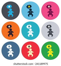 Baby infant think about food sign icon. Toddler boy in pajamas or crawlers body symbol. Colored round buttons. Flat design circle icons set. Vector