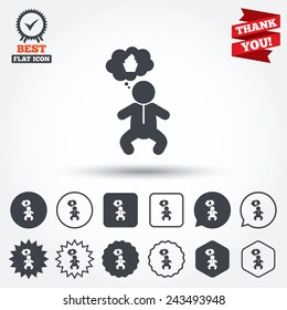 Baby infant think about food sign icon. Toddler boy in pajamas or crawlers body symbol. Circle, star, speech bubble and square buttons. Award medal with check mark. Thank you ribbon. Vector
