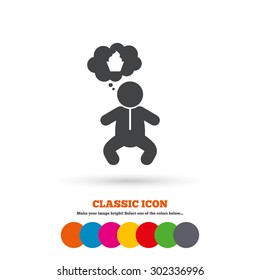 Baby infant think about food sign icon. Toddler boy in pajamas or crawlers body symbol. Classic flat icon. Colored circles. Vector