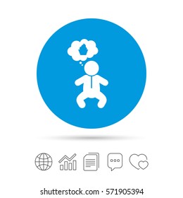 Baby infant think about food sign icon. Toddler boy in pajamas or crawlers body symbol. Copy files, chat speech bubble and chart web icons. Vector