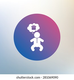 Baby infant think about gift box sign icon. Toddler boy in pajamas or crawlers body symbol. Icon on blurred background. Vector