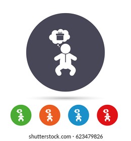 Baby infant think about gift box sign icon. Toddler boy in pajamas or crawlers body symbol. Round colourful buttons with flat icons. Vector