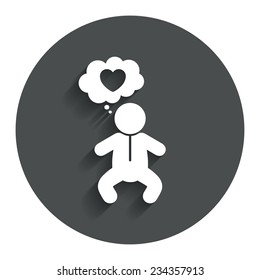 Baby infant think about love sign icon. Toddler boy in pajamas or crawlers body symbol. Gray flat button with shadow. Modern UI website navigation. Vector