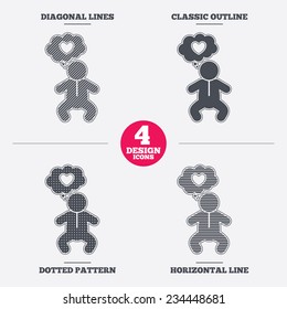 Baby infant think about love sign icon. Toddler boy in pajamas or crawlers body symbol. Diagonal and horizontal lines, classic outline, dotted texture. Pattern design icons.  Vector