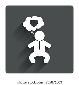 Baby infant think about love sign icon. Toddler boy in pajamas or crawlers body symbol. Gray flat square button with shadow. Modern UI website navigation. Vector