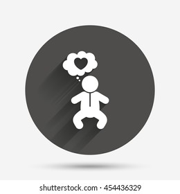 Baby infant think about love sign icon. Toddler boy in pajamas or crawlers body symbol. Circle flat button with shadow. Vector