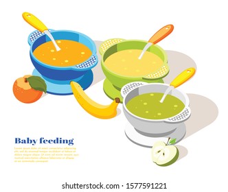 Baby Infant Toddler Child Healthy Food Serving Isometric Background Composition With Banana Apple Puree Bowls Vector Illustration 