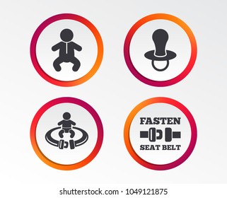 Baby infants icons. Toddler boy with diapers symbol. Fasten seat belt signs. Child pacifier and pram stroller. Infographic design buttons. Circle templates. Vector