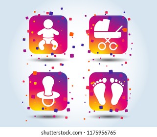 Baby infants icons. Toddler boy with diapers symbol. Buggy and dummy signs. Child pacifier and pram stroller. Child footprint step sign. Colour gradient square buttons. Flat design concept. Vector