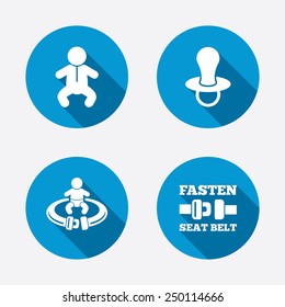 Baby infants icons. Toddler boy with diapers symbol. Fasten seat belt signs. Child pacifier and pram stroller. Circle concept web buttons. Vector