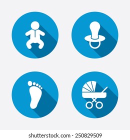 Baby infants icons. Toddler boy with diapers symbol. Buggy and dummy signs. Child pacifier and pram stroller. Child footprint step sign. Circle concept web buttons. Vector